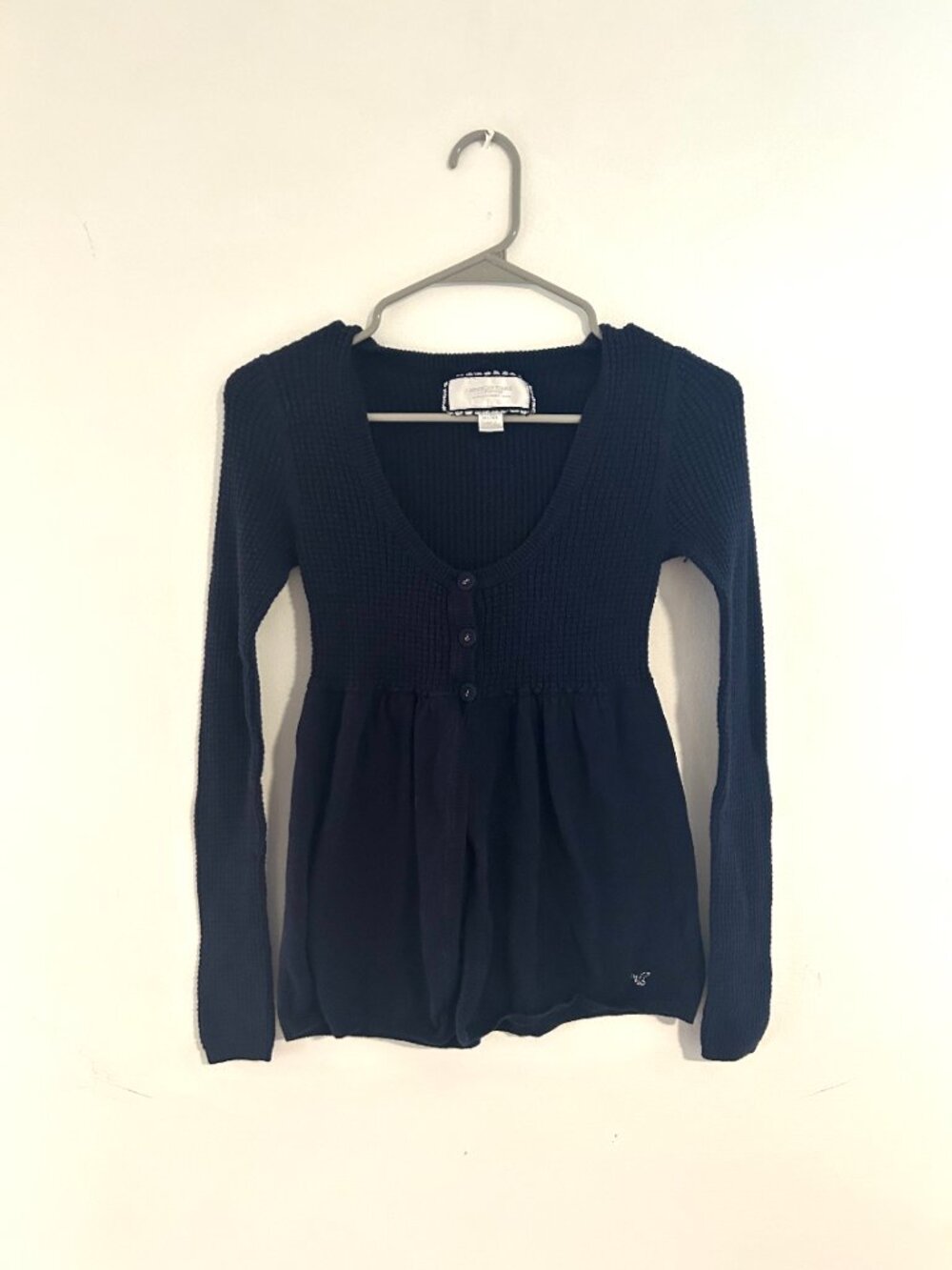 American Eagle Y2K Navy Blue Waffle Knit Babydoll Henley Top Medium